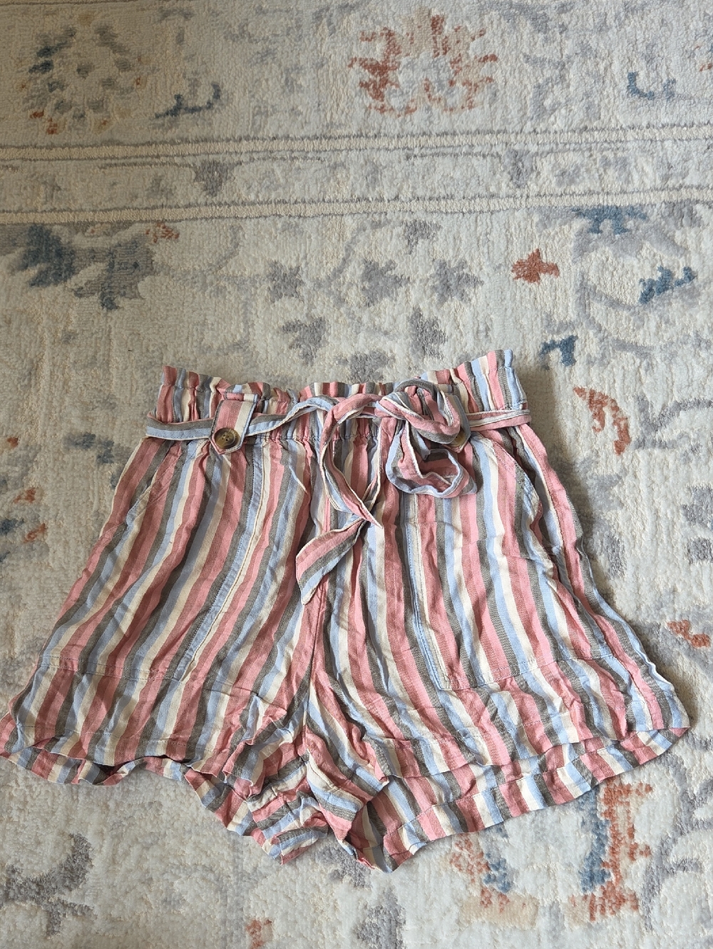 Striped Tie-Waist Shorts in Pink, Blue & Cream